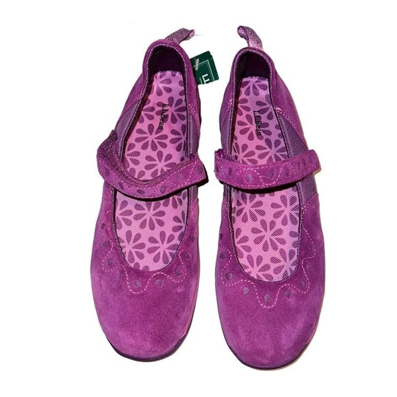 LL Bean Mary Jane Shoes Suede Hook Loop Strap Flat Comfort Girls‎ Size 5 Purple - Picture 1 of 8